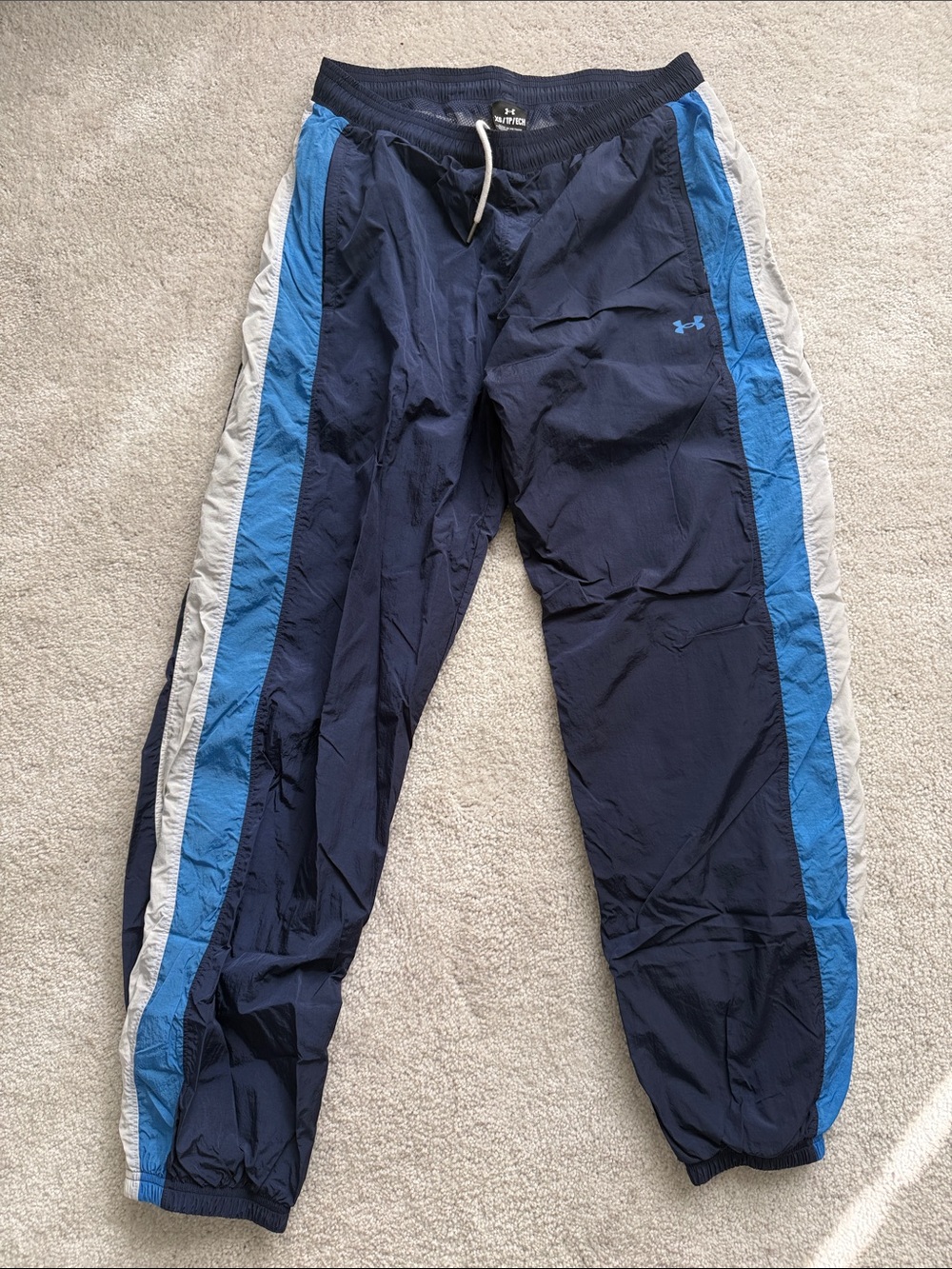 Under Armour Women’s Navy Track Pants with Blue & Gray Side Stripes